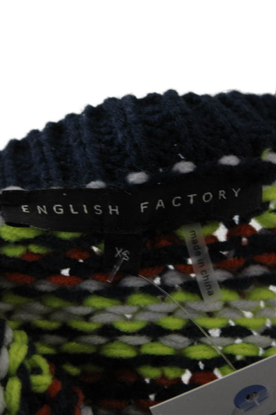 English Factory Unisex Fair Isle Cardigan Dark Blue Acrylic Crew Neck Size XS