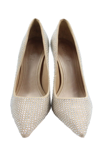 Schutz Womens Suede Jeweled Pointed Toe Slide On Pumps Beige Size 7 B