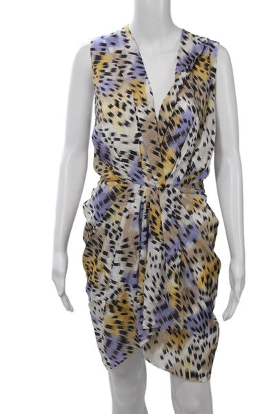 IRO Women Wrap Dress White Leopard Vneck Sleeveless Mini Silk Blend Zip Size 36