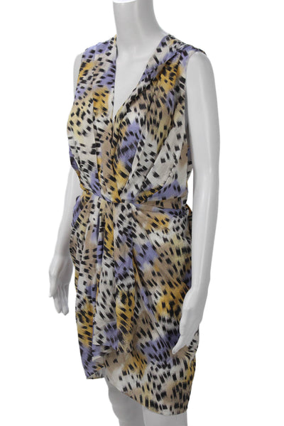 IRO Women Wrap Dress White Leopard Vneck Sleeveless Mini Silk Blend Zip Size 36