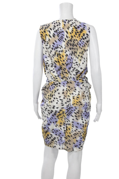IRO Women Wrap Dress White Leopard Vneck Sleeveless Mini Silk Blend Zip Size 36