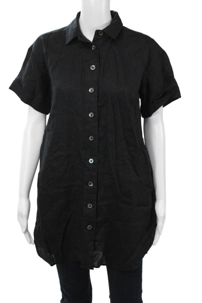 J Crew Women Tunic Button Up Collared Linen Short Sleeve Black Petites Size XS
