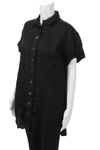 J Crew Women Tunic Button Up Collared Linen Short Sleeve Black Petites Size XS