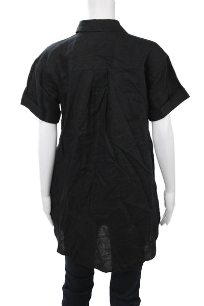 J Crew Women Tunic Button Up Collared Linen Short Sleeve Black Petites Size XS