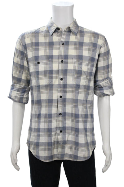 J Crew Mens Button Front Long Sleeve Collared Plaid Shirt Blue White Medium