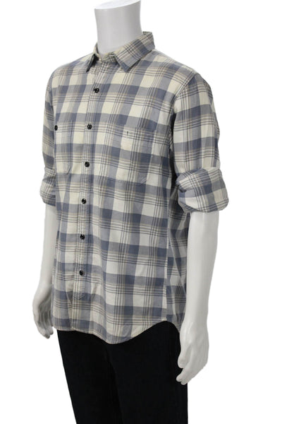 J Crew Mens Button Front Long Sleeve Collared Plaid Shirt Blue White Medium