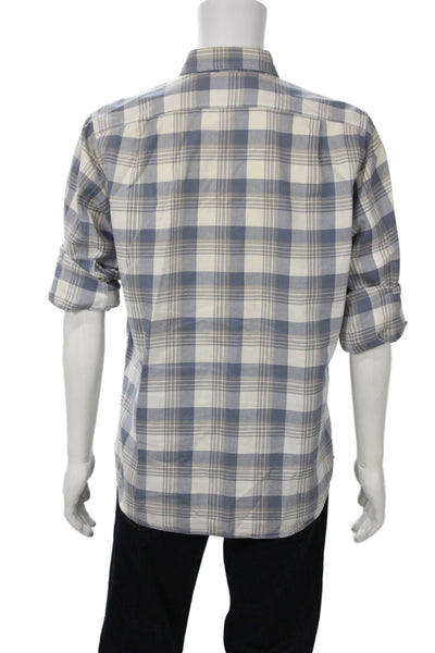 J Crew Mens Button Front Long Sleeve Collared Plaid Shirt Blue White Medium