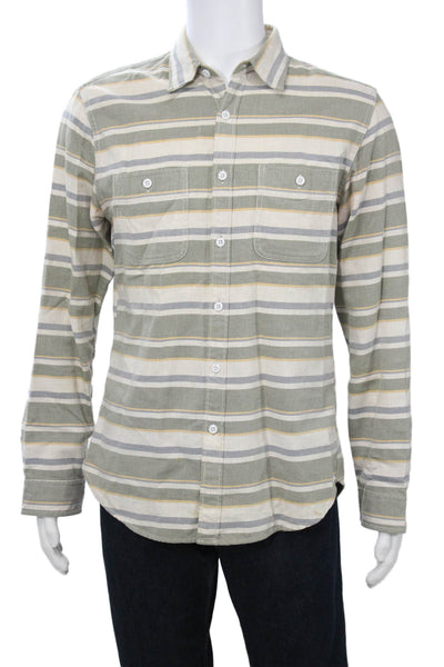 J Crew Mens Button Front Long Sleeve Collared Striped Shirt White Green Medium