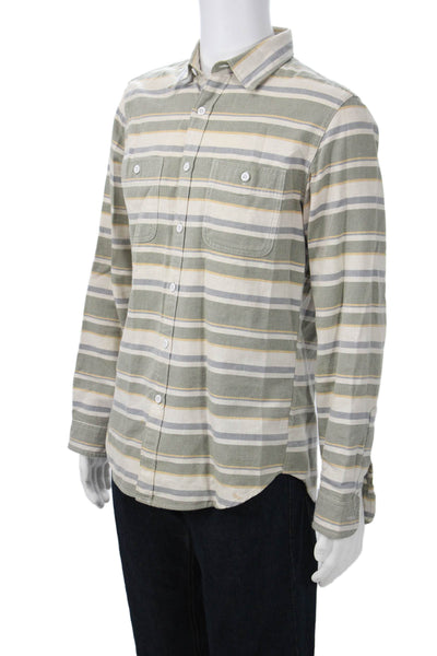 J Crew Mens Button Front Long Sleeve Collared Striped Shirt White Green Medium