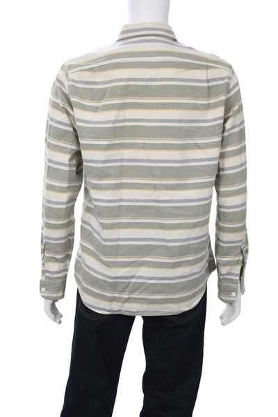 J Crew Mens Button Front Long Sleeve Collared Striped Shirt White Green Medium