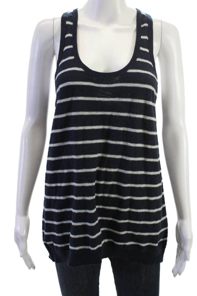 Vince Women Dark Blue Striped Cotton Sleeveless Basic Tank Round Neck Size L