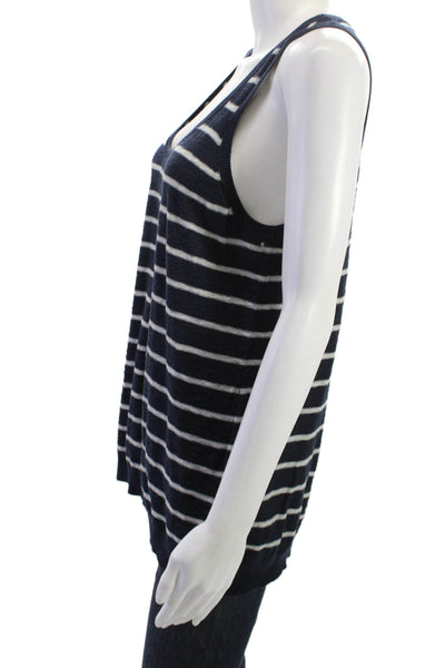 Vince Women Dark Blue Striped Cotton Sleeveless Basic Tank Round Neck Size L