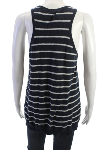 Vince Women Dark Blue Striped Cotton Sleeveless Basic Tank Round Neck Size L