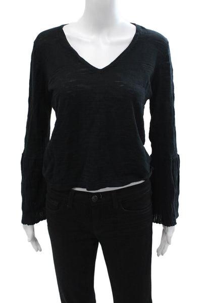 Minnie Rose Women Basic Black V-Neck Long Sleeve Top Size XS