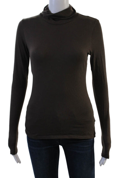 LA Made Women Basic Mock Neck Long Sleeve Cotton Top Brown Size XS