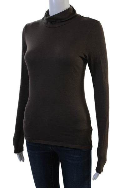 LA Made Women Basic Mock Neck Long Sleeve Cotton Top Brown Size XS