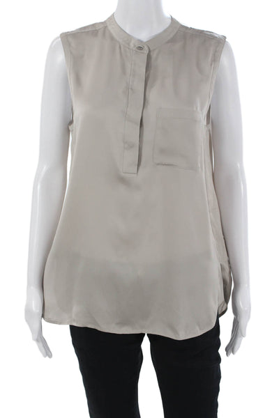 Vince Women Basic Sleeveless Silk High Neck Blouse Beige Button Size M