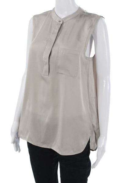 Vince Women Basic Sleeveless Silk High Neck Blouse Beige Button Size M