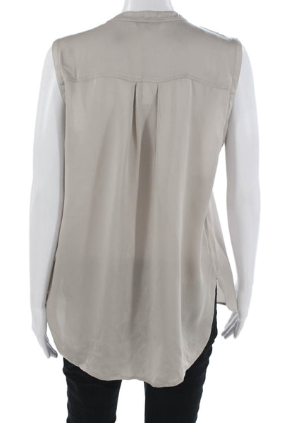 Vince Women Basic Sleeveless Silk High Neck Blouse Beige Button Size M
