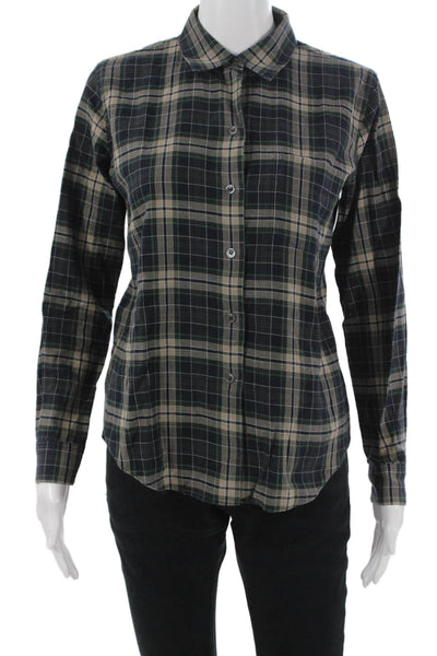 Theory Women Plaid Collared Button Up Cotton Shirt Black Petite Size S