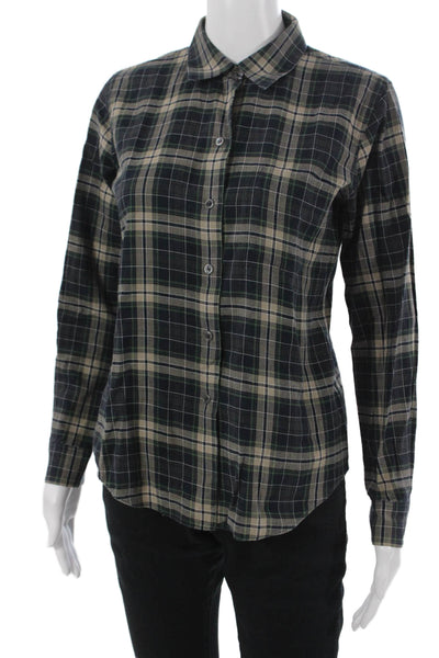 Theory Women Plaid Collared Button Up Cotton Shirt Black Petite Size S