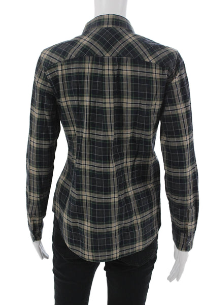 Theory Women Plaid Collared Button Up Cotton Shirt Black Petite Size S