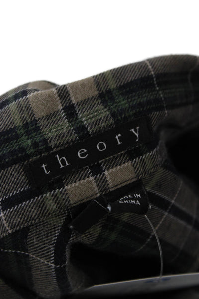Theory Women Plaid Collared Button Up Cotton Shirt Black Petite Size S