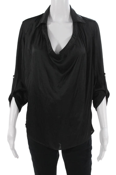 Vince Women Black Collared Polyester 3/4 Sleeve Button Blouse Size 2