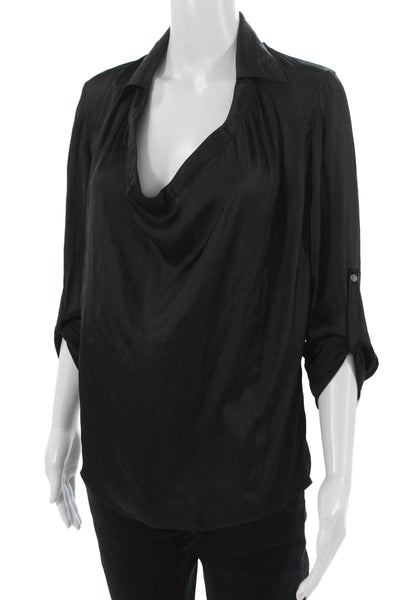 Vince Women Black Collared Polyester 3/4 Sleeve Button Blouse Size 2