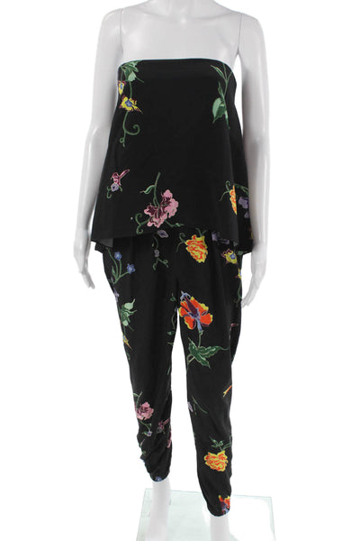 Tibi Women Black Floral Silk Square Neck Sleeveless Jumpsuit Size 2