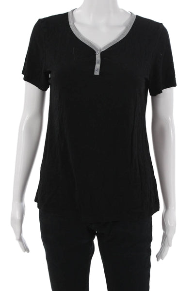 Ekouaer Womens Black V-Neck Basic T-Shirt Short Sleeve Button Size S