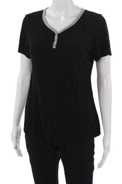 Ekouaer Womens Black V-Neck Basic T-Shirt Short Sleeve Button Size S