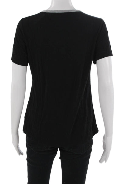 Ekouaer Womens Black V-Neck Basic T-Shirt Short Sleeve Button Size S