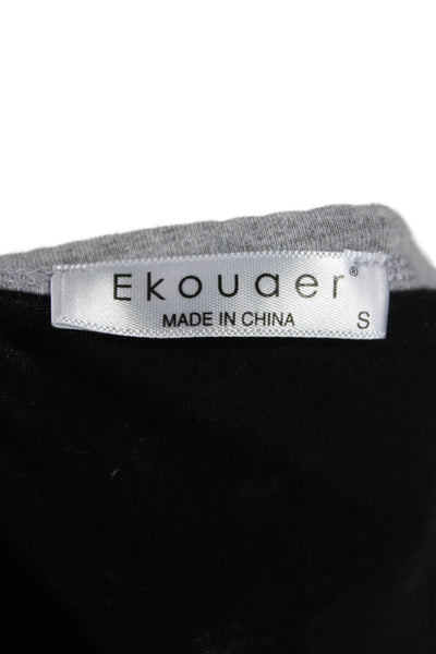Ekouaer Womens Black V-Neck Basic T-Shirt Short Sleeve Button Size S