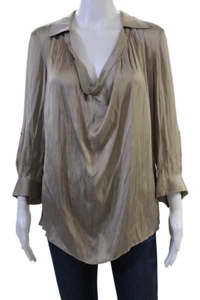 Vince Women Beige Silk Blend Collared Tunic Blouse 3/4 Sleeve Size 10