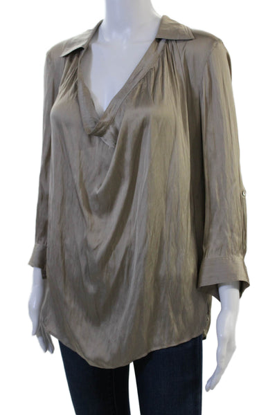 Vince Women Beige Silk Blend Collared Tunic Blouse 3/4 Sleeve Size 10