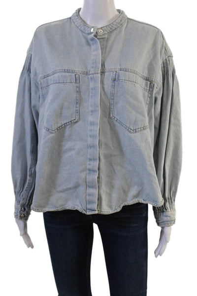 MNG Womens Light Blue Cotton Mock Neck 90s Long Sleeve Jacket Size 4