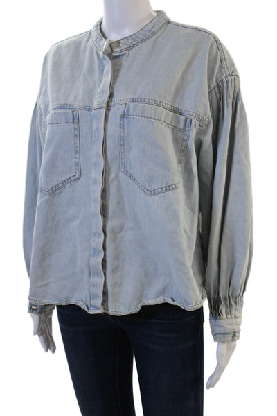 MNG Womens Light Blue Cotton Mock Neck 90s Long Sleeve Jacket Size 4