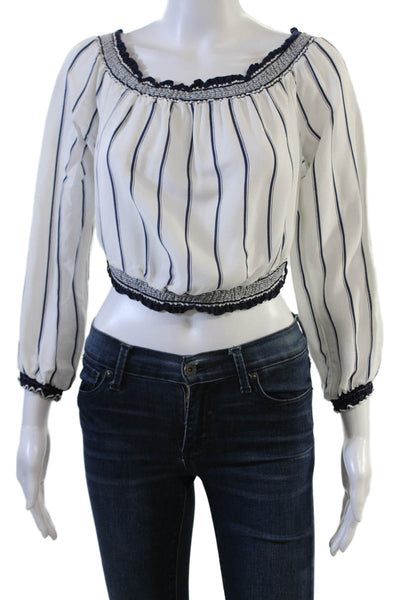 Lovers + Friends Women Cropped Striped Cotton Blouse Long Sleeve White Size S