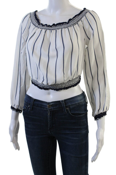 Lovers + Friends Women Cropped Striped Cotton Blouse Long Sleeve White Size S