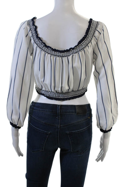 Lovers + Friends Women Cropped Striped Cotton Blouse Long Sleeve White Size S