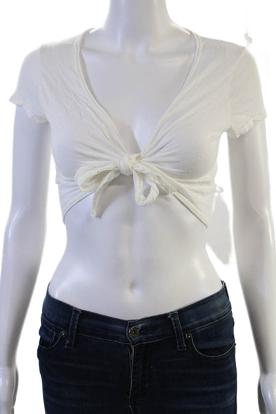 Splendid Women Cropped White V Neck Short Sleeve Pima Cotton Modal Top Size L