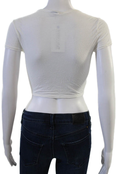 Splendid Women Cropped White V Neck Short Sleeve Pima Cotton Modal Top Size L