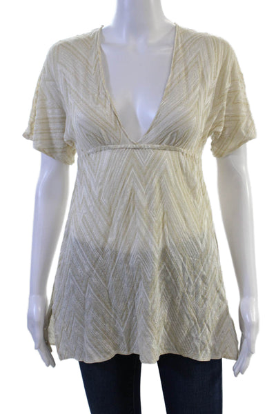 Vitamin A Women Beige Boho Geometric V Neck Short Sleeve Tunic Blouse Size S