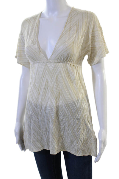 Vitamin A Women Beige Boho Geometric V Neck Short Sleeve Tunic Blouse Size S