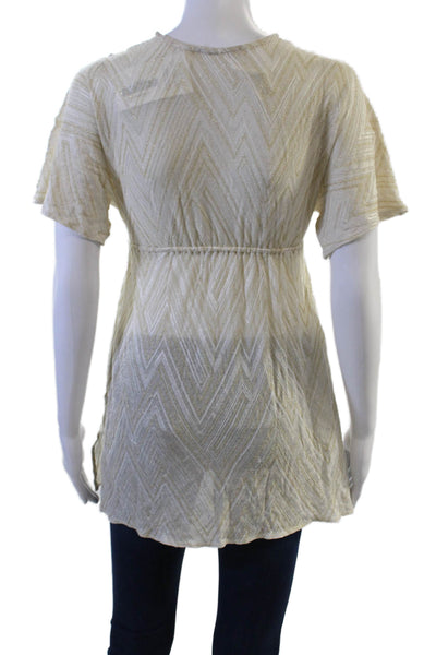 Vitamin A Women Beige Boho Geometric V Neck Short Sleeve Tunic Blouse Size S