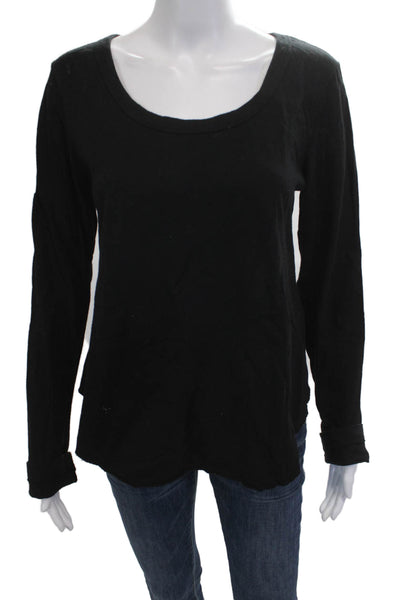 Leallo Women Basic Black Cotton T Shirt Round Neck Long Sleeve Size L