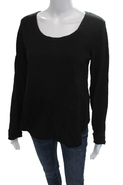Leallo Women Basic Black Cotton T Shirt Round Neck Long Sleeve Size L