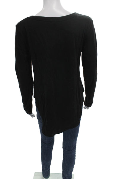 Leallo Women Basic Black Cotton T Shirt Round Neck Long Sleeve Size L