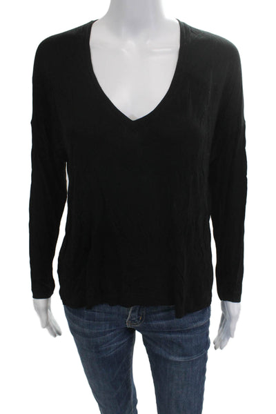 Vince Womens Basic V-Neck Long Sleeve T-Shirt Black Polyester Size M